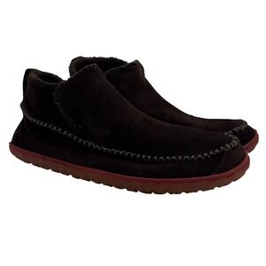 LL Bean Mens Suede Slippers Brown Red Moccasin Shearling Lined 12 M 517529